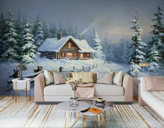 Winter's Warm Embrace Wall Mural with snowy trees in a modern living room wallpaper., GD3579