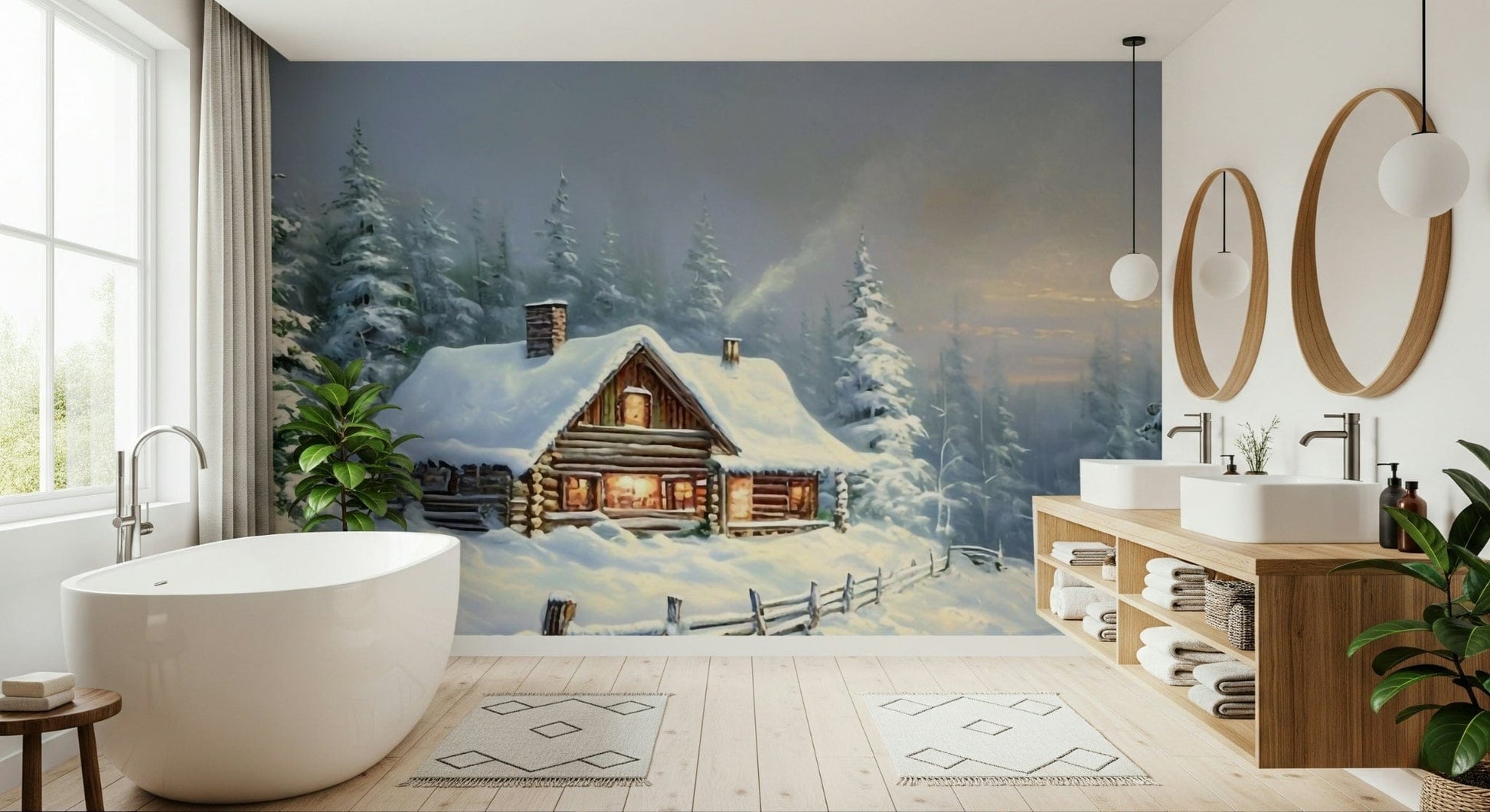 Winter's Warm Embrace wallpaper used as a cozy feature wall in a lounge setting.