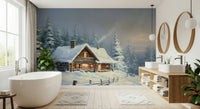 Winter's Warm Embrace wallpaper used as a cozy feature wall in a lounge setting.
