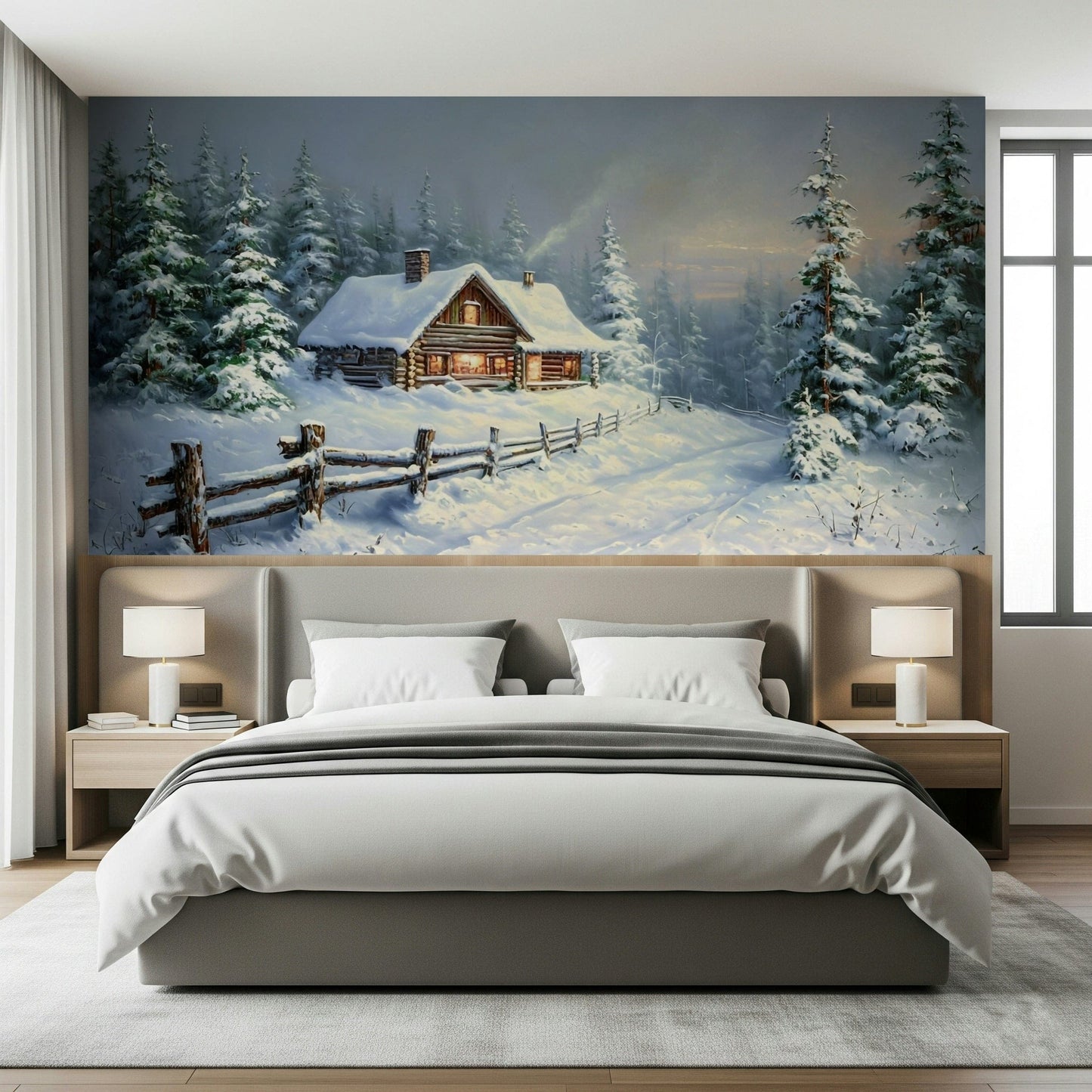 Serene winter landscape wall mural featuring a soft glow for a bedroom wall.