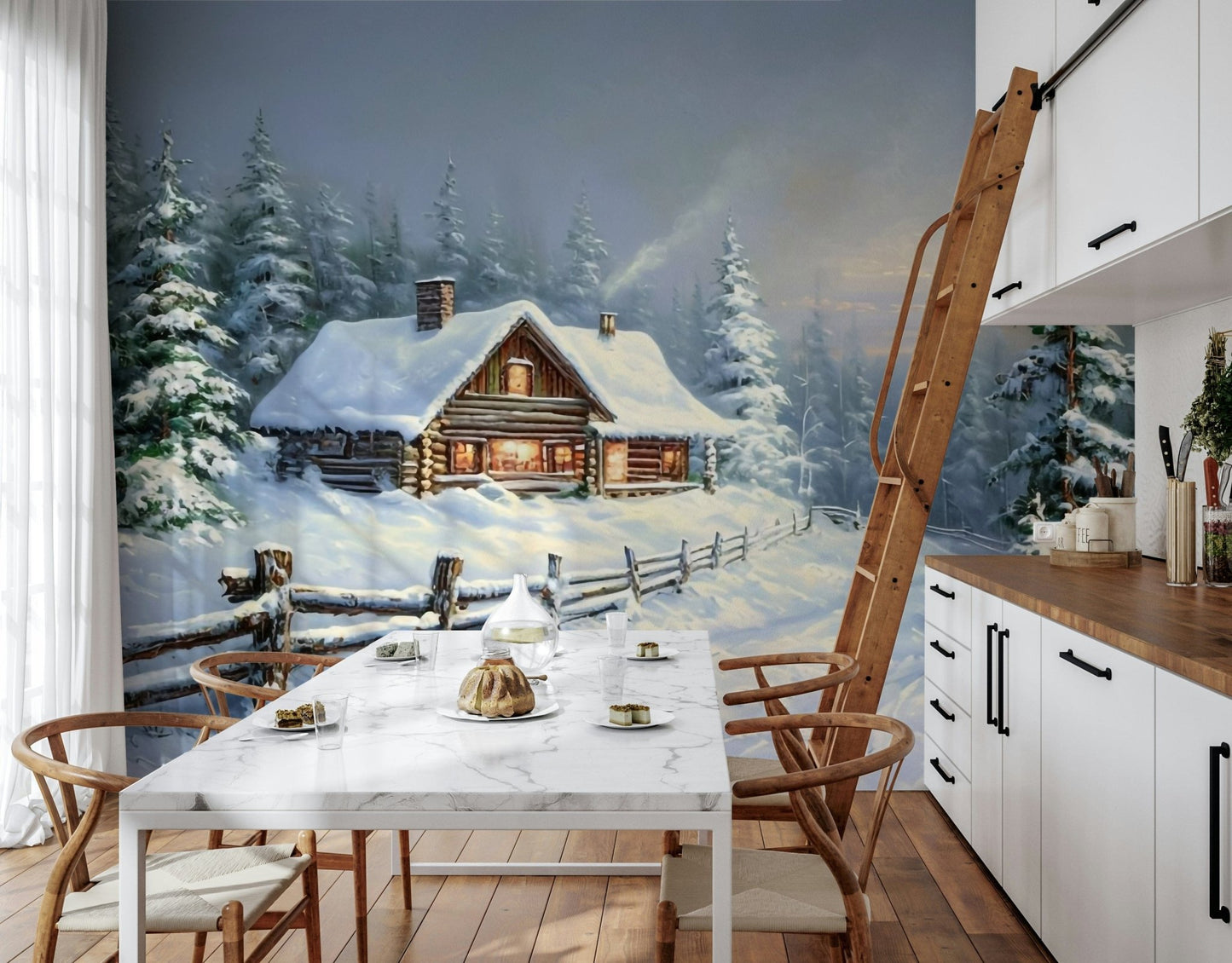 Winter's Warm Embrace wallpaper with misty forest light in a professional suite.