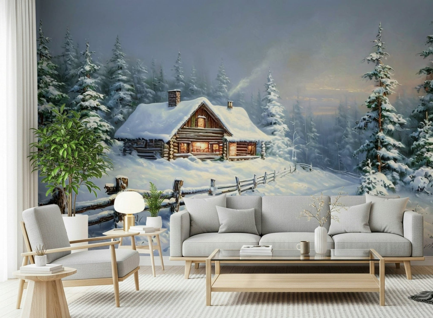 Detailed forest wallpaper with snow-covered branches in a home office wall mural.
