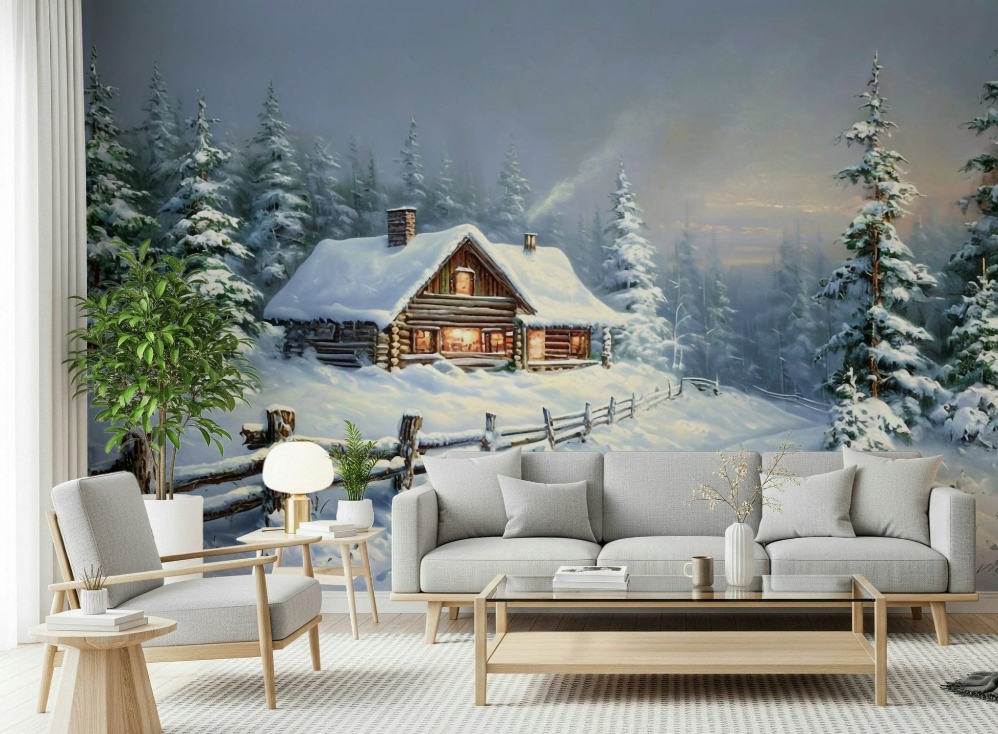 Detailed forest wallpaper with snow-covered branches in a home office wall mural.