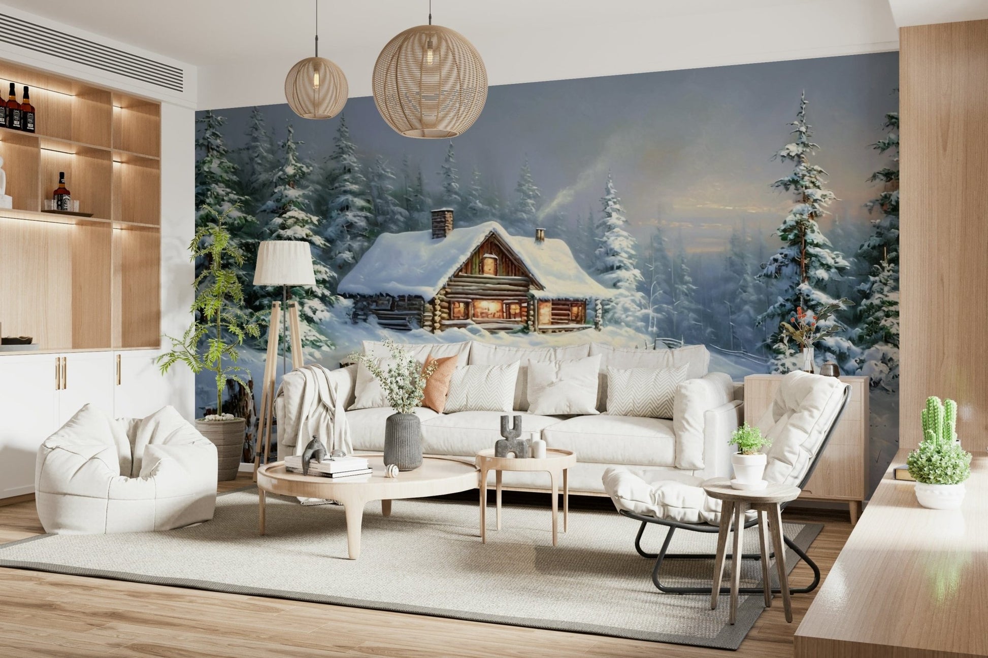 Minimalist winter forest wall mural in a light filled apartment hallway wallpaper.