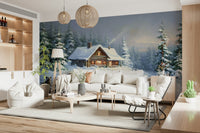 Minimalist winter forest wall mural in a light filled apartment hallway wallpaper.