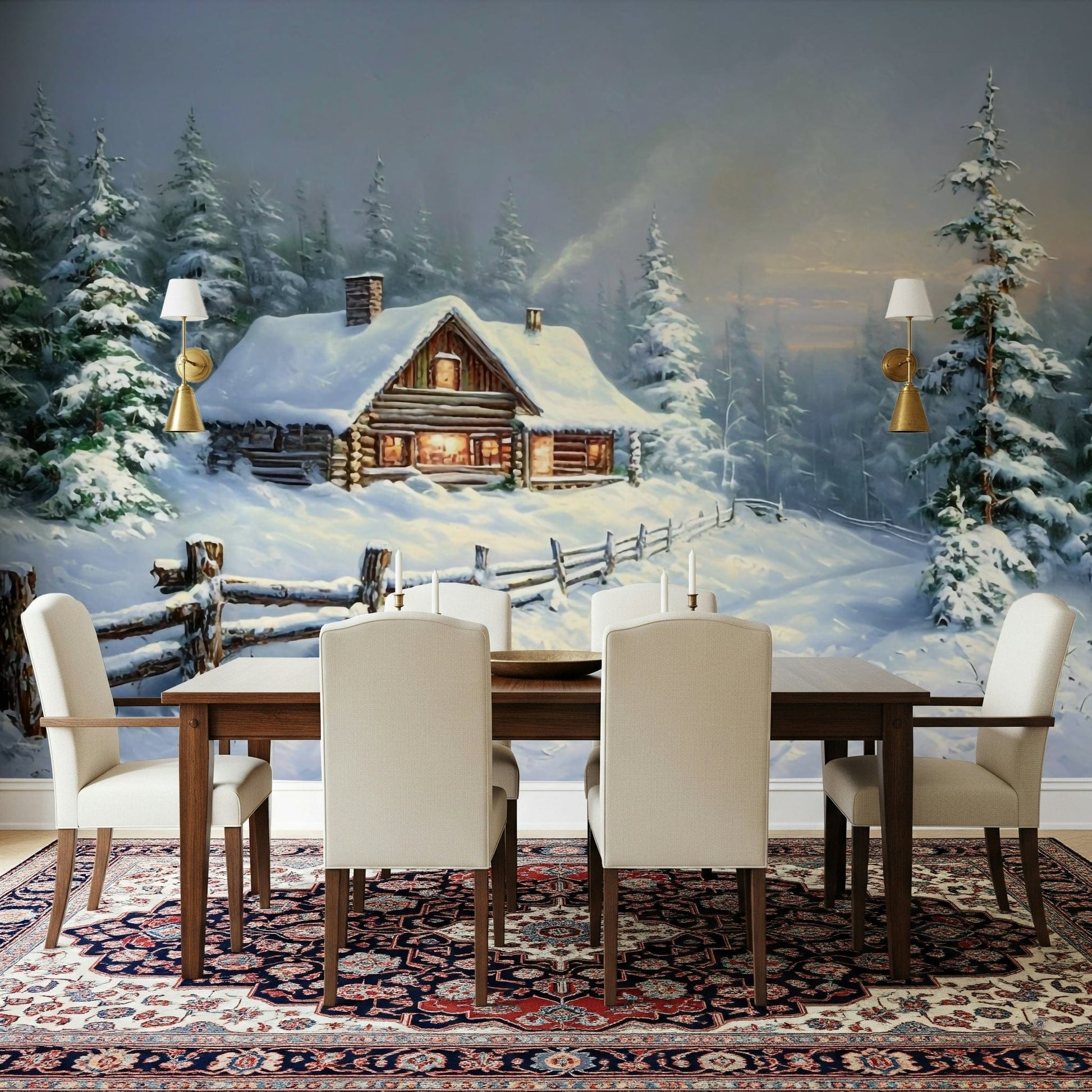 Realistic snow scene wallpaper mural for a warm and inviting entryway wall mural.