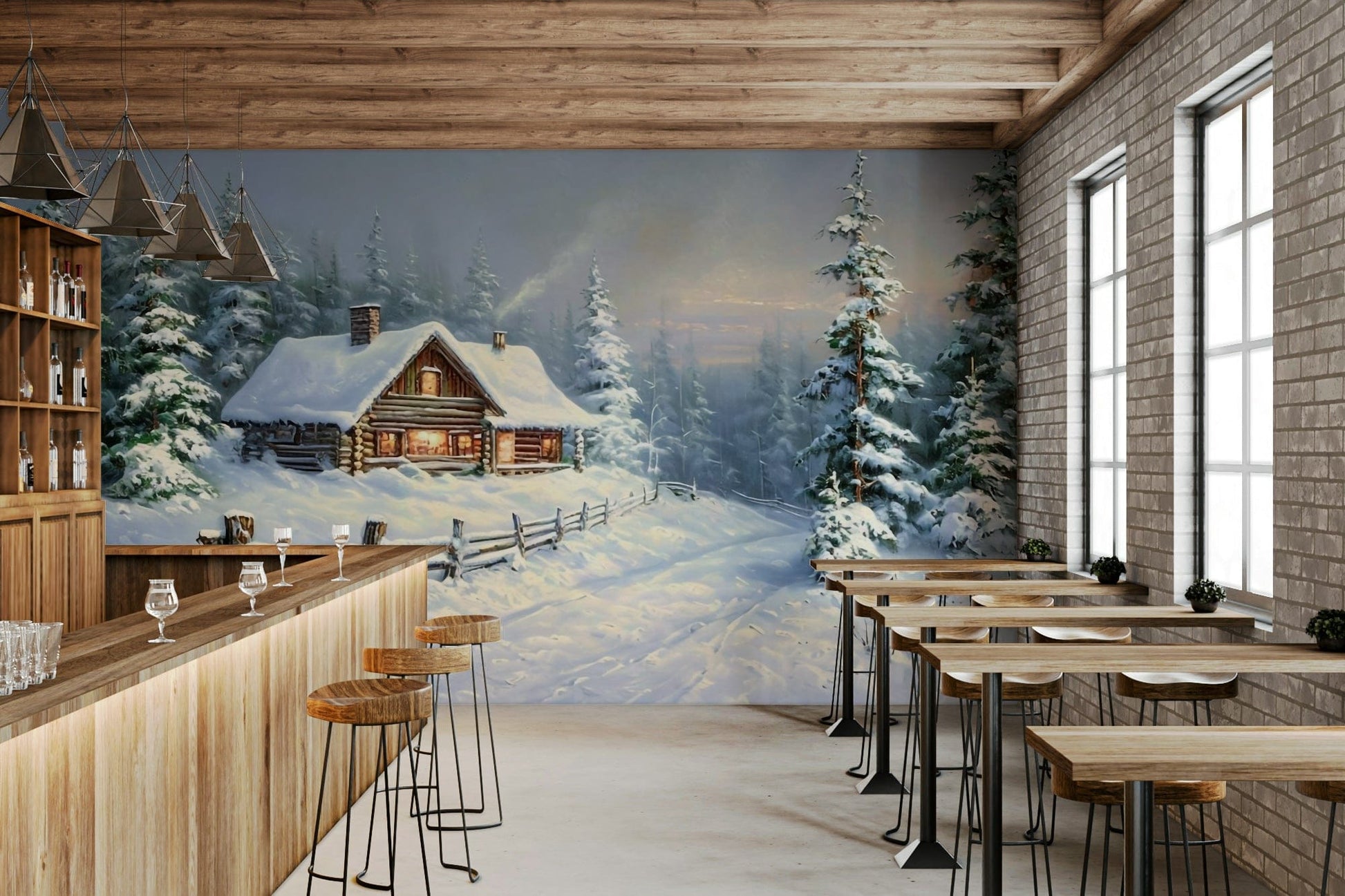 Soft white and amber toned nature wallpaper mural for a dining space wall mural.
