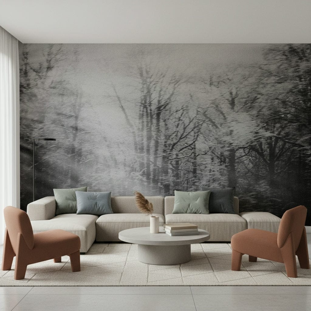 Cold mist and frosted trees design for a modern home office wall mural wallpaper.