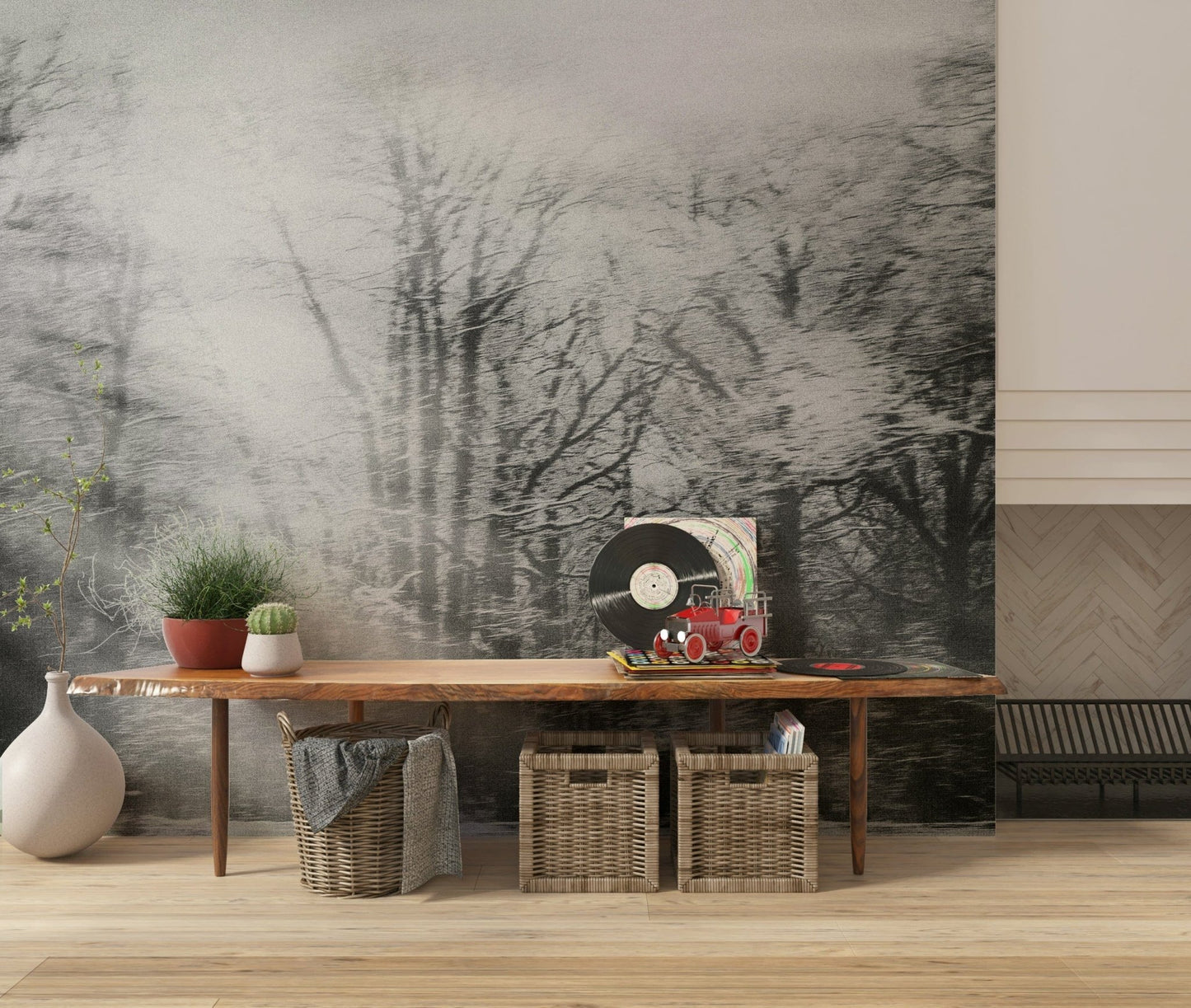 Minimalist white and grey forest scene wall mural for a serene bedroom wallpaper.