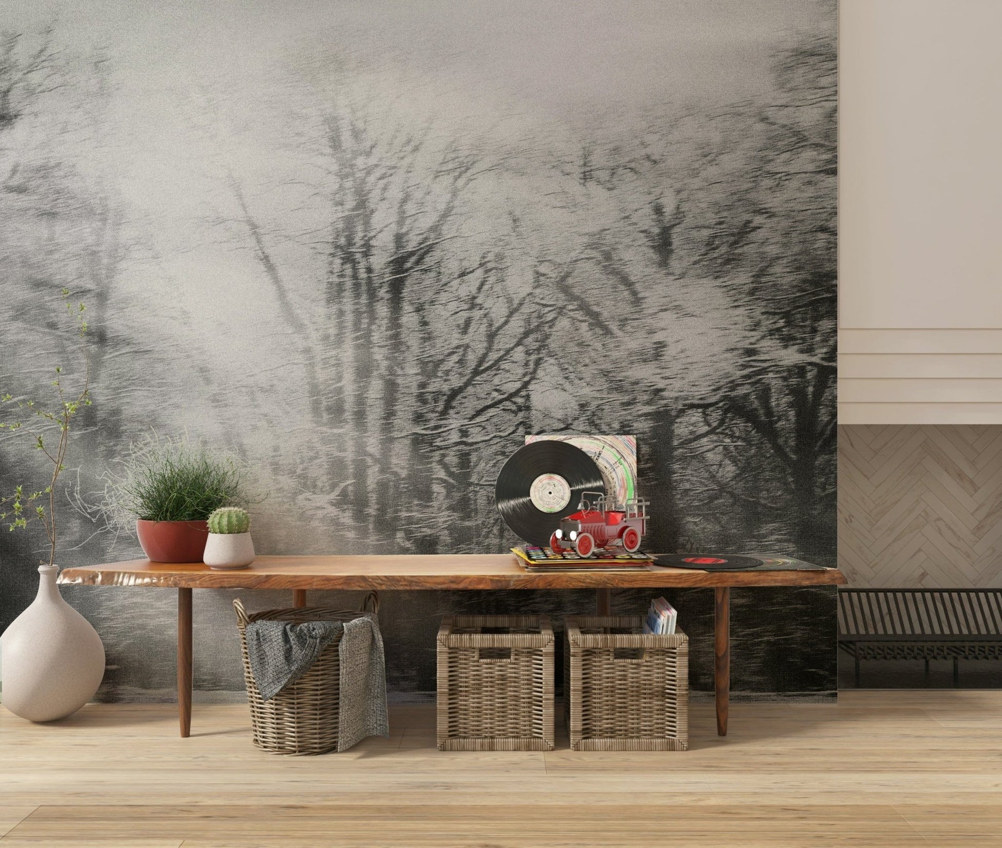 Minimalist white and grey forest scene wall mural for a serene bedroom wallpaper.