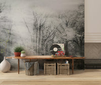 Minimalist white and grey forest scene wall mural for a serene bedroom wallpaper.