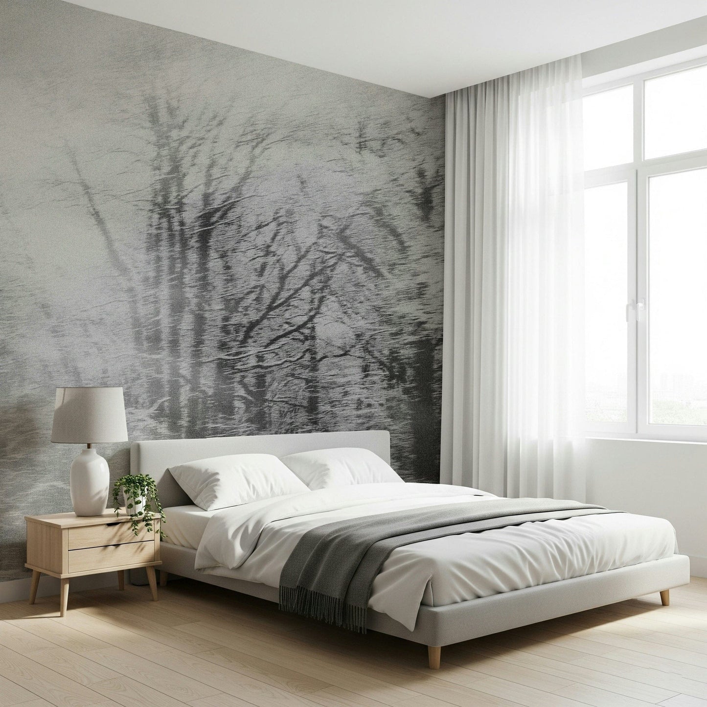 Misty mountain silhouette wallpaper for a contemporary living room wall mural.