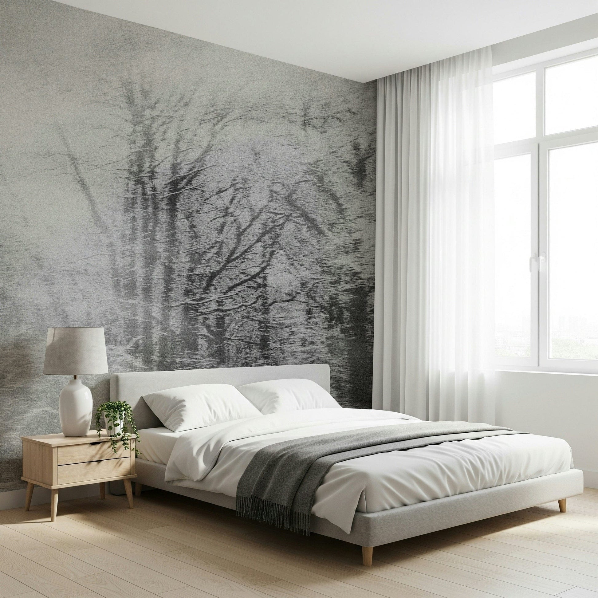Misty mountain silhouette wallpaper for a contemporary living room wall mural.