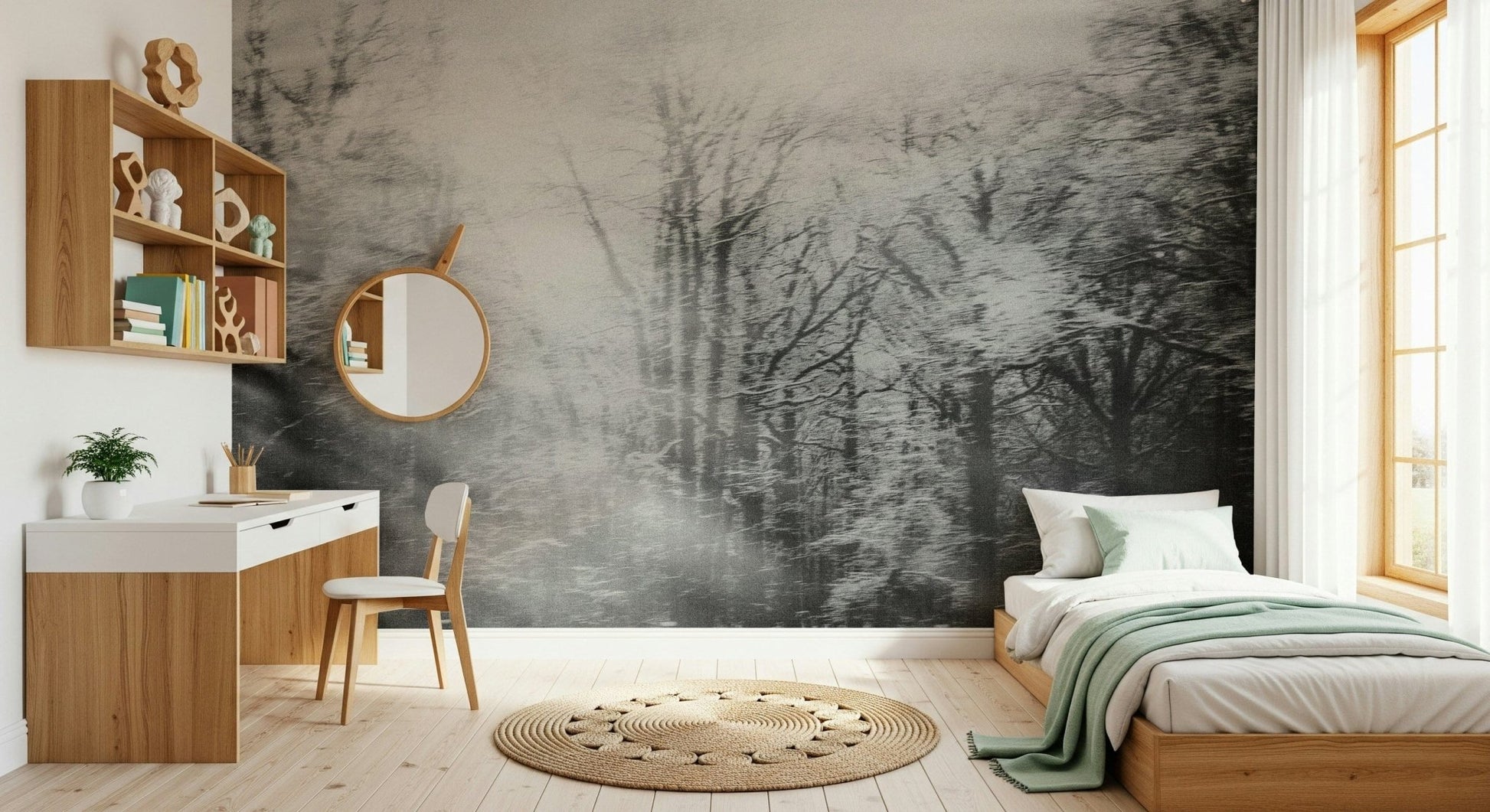 Soft winter light over a snowy field wall mural for a guest room wallpaper.