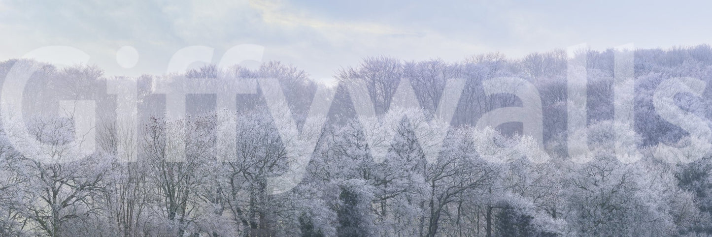 Peaceful winter scene mural adding character to a neutral nursery room.