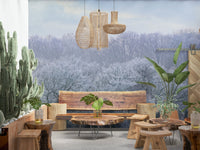 Monochrome wall decor with snowy forest patterns in a contemporary entryway.