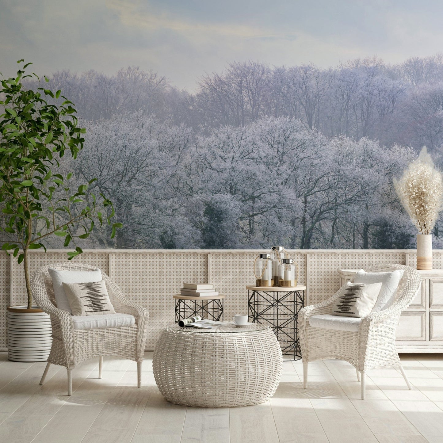 Winter's Whispers Wall Mural installed in a cozy reading nook with a plush chair.
