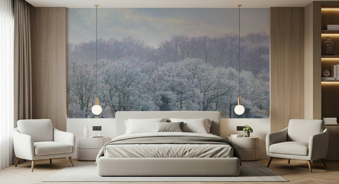 Winter's Whispers Wall Mural in a minimalist living room with neutral wooden furniture.