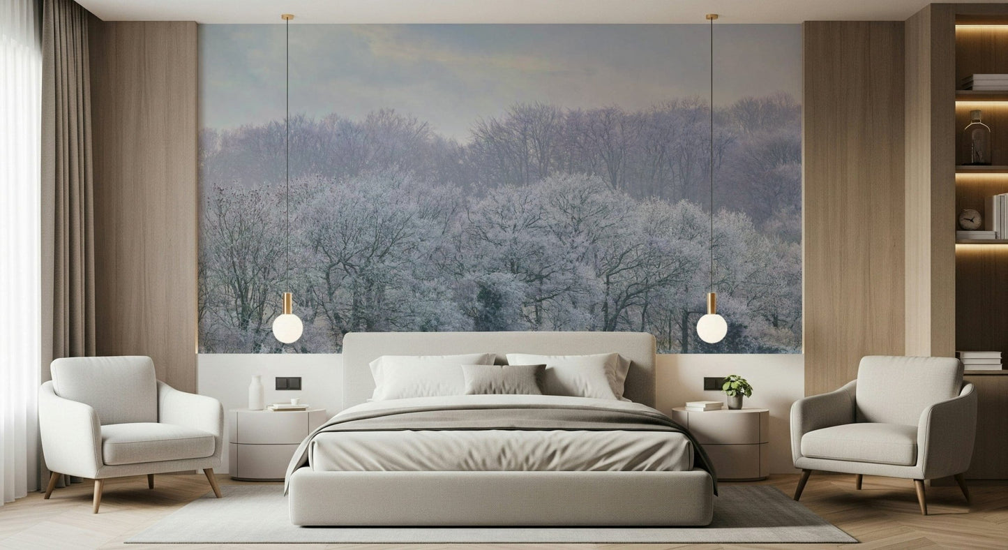 Winter's Whispers Wall Mural in a minimalist living room with neutral wooden furniture.