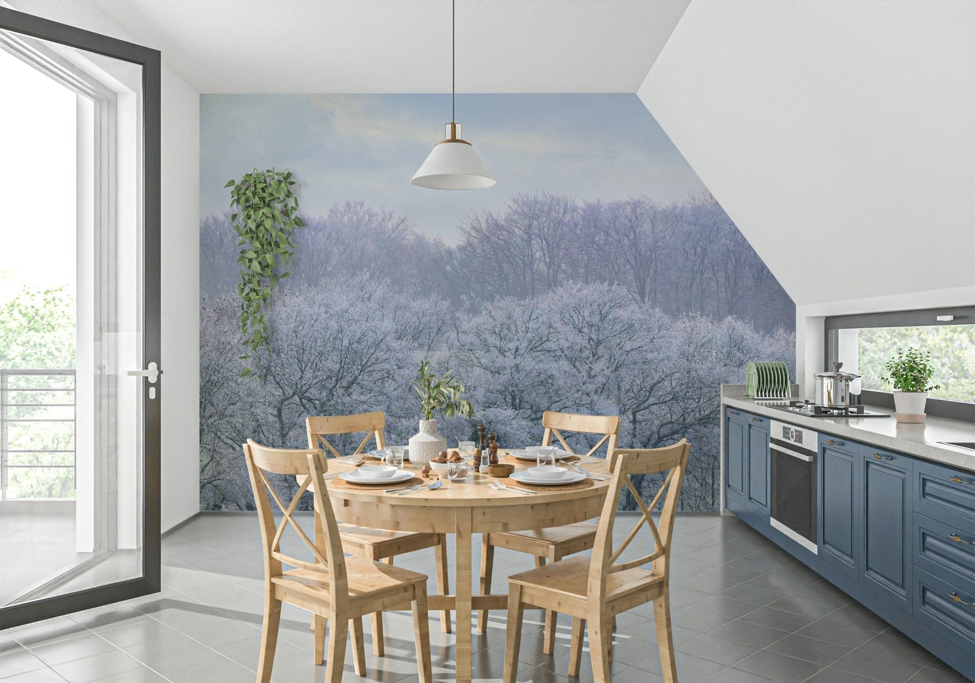 Winter's Whispers Wall Mural serving as a centerpiece in a modern guest room.