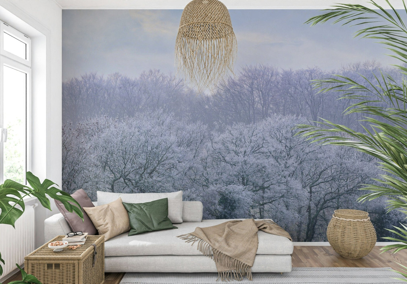 Artistic tree motif wallpaper with soft light filtering through a nearby window.
