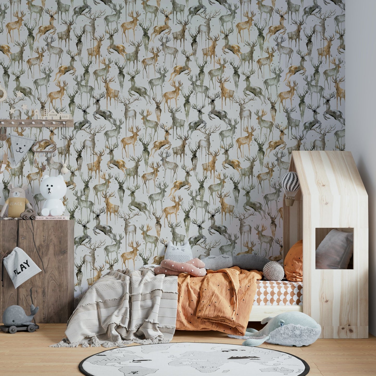 Wintery landscape with artistic deers in beige and brown.

