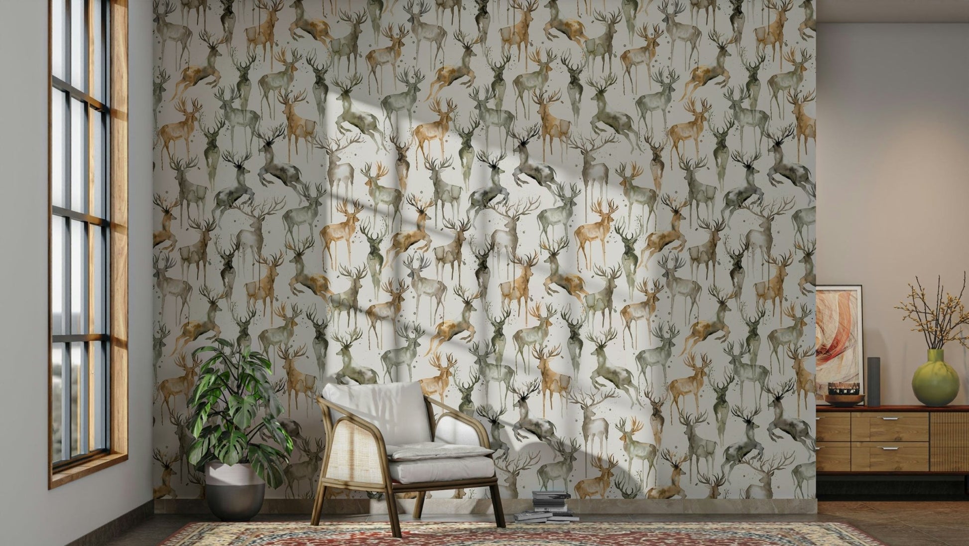 Beige and brown artistic deer wallpaper for winter rooms.

