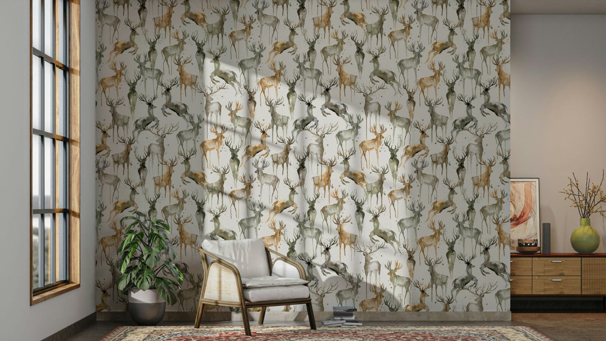 Beige and brown artistic deer wallpaper for winter rooms., GD1630