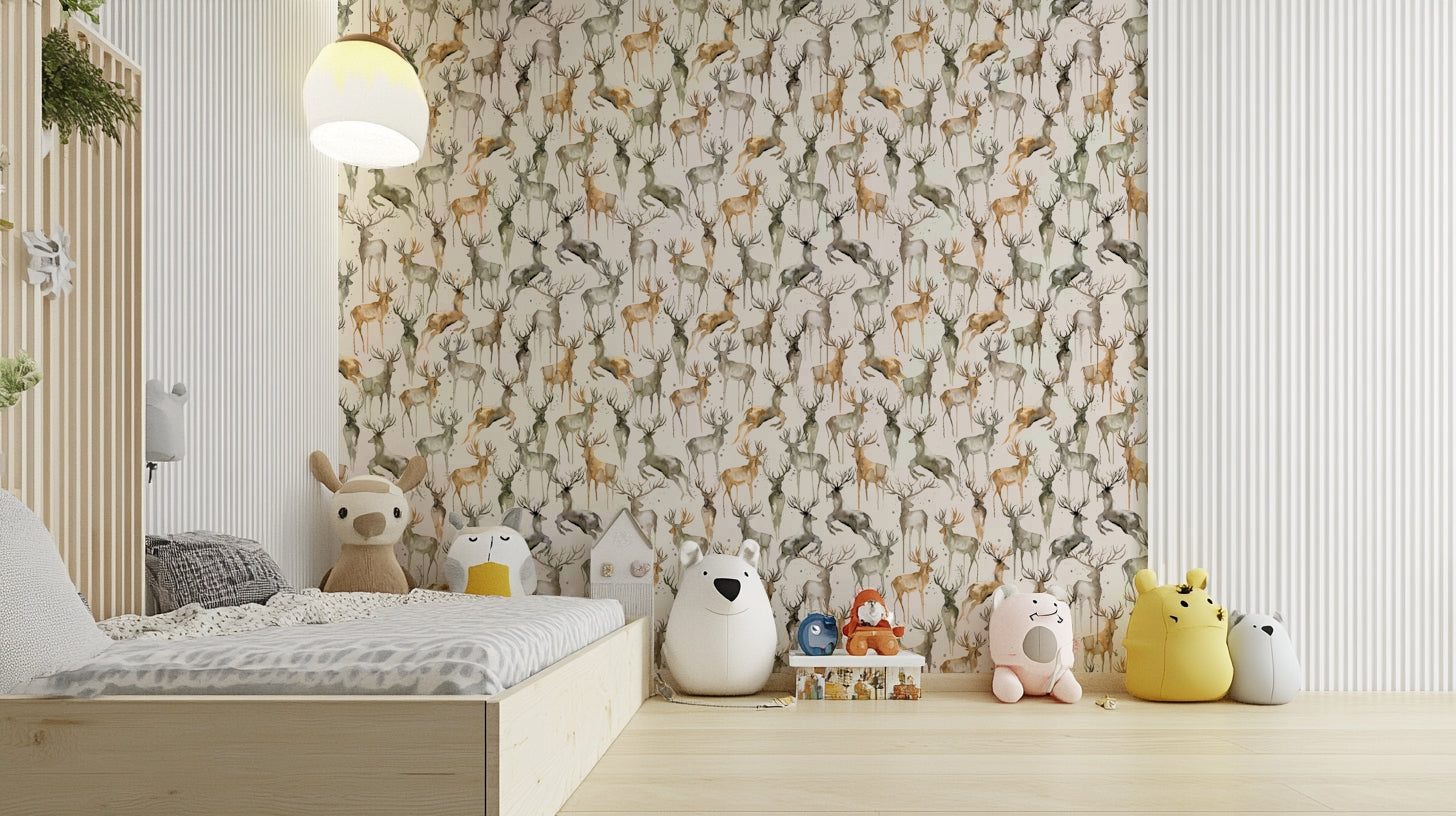 Beige brown deer wallpaper creating a cozy winter vibe.

