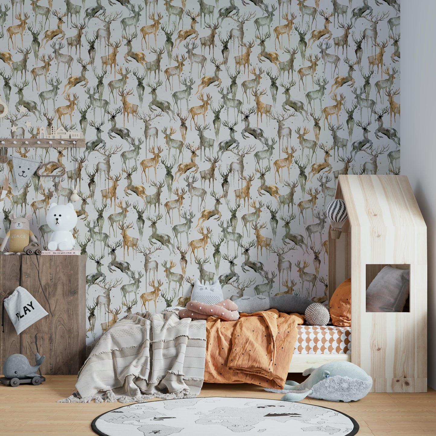 Wintery landscape with artistic deers in beige and brown.

