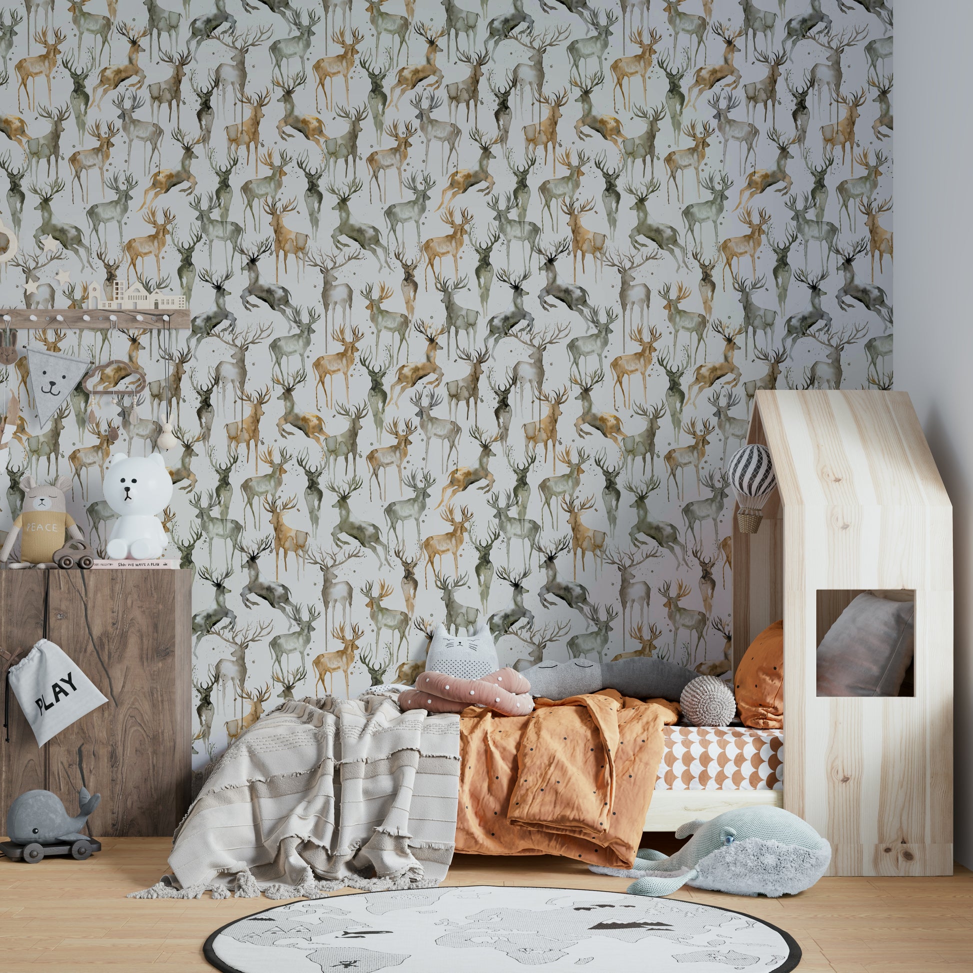 Wintery landscape with artistic deers in beige and brown.

