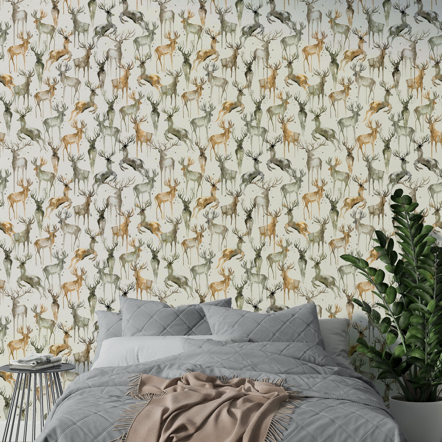 Artistic deers wallpaper in beige and brown tones.


