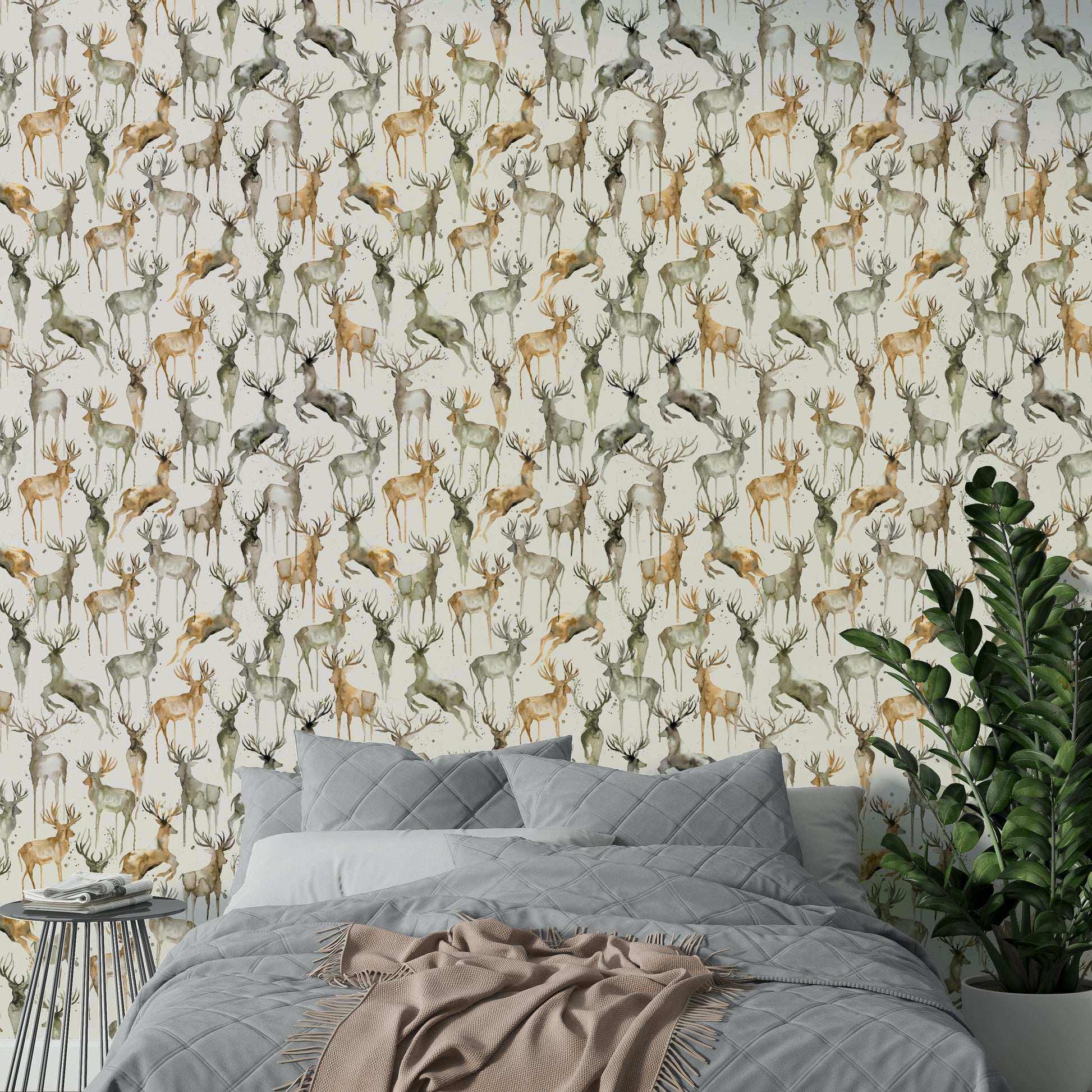 Artistic deers wallpaper in beige and brown tones.

