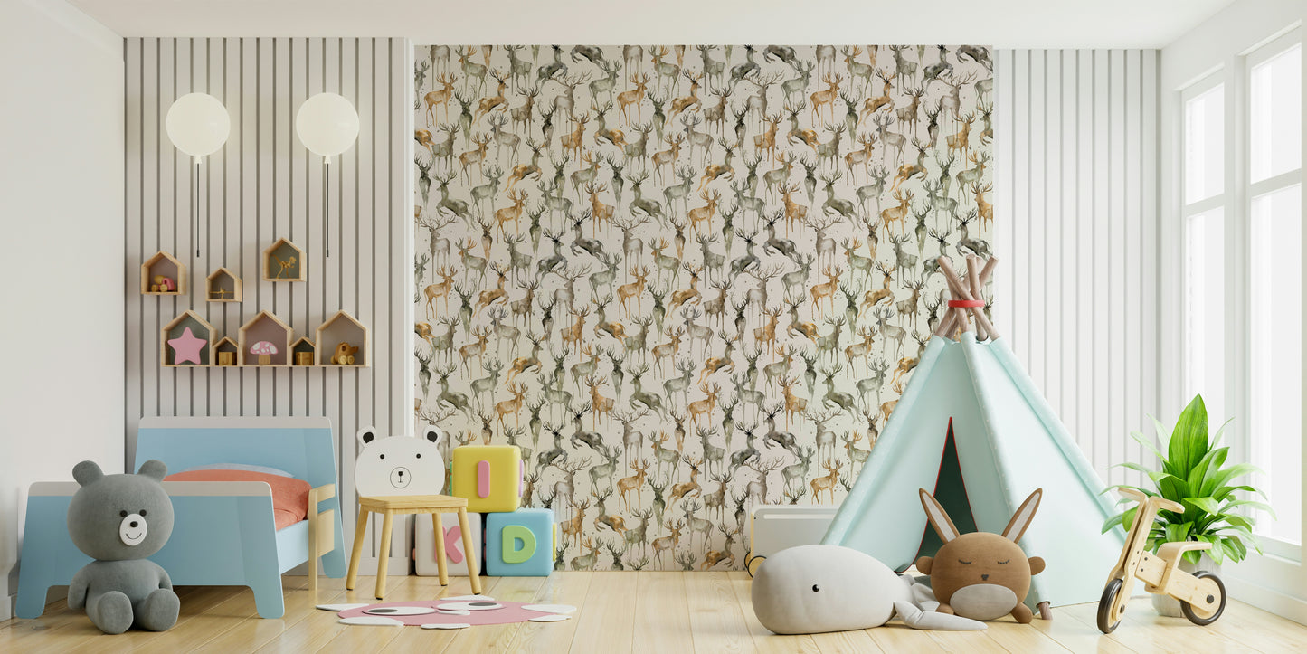 Winter deer wallpaper in warm beige and brown shades.


