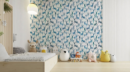 Wintery artistic deer blue wallpaper design


