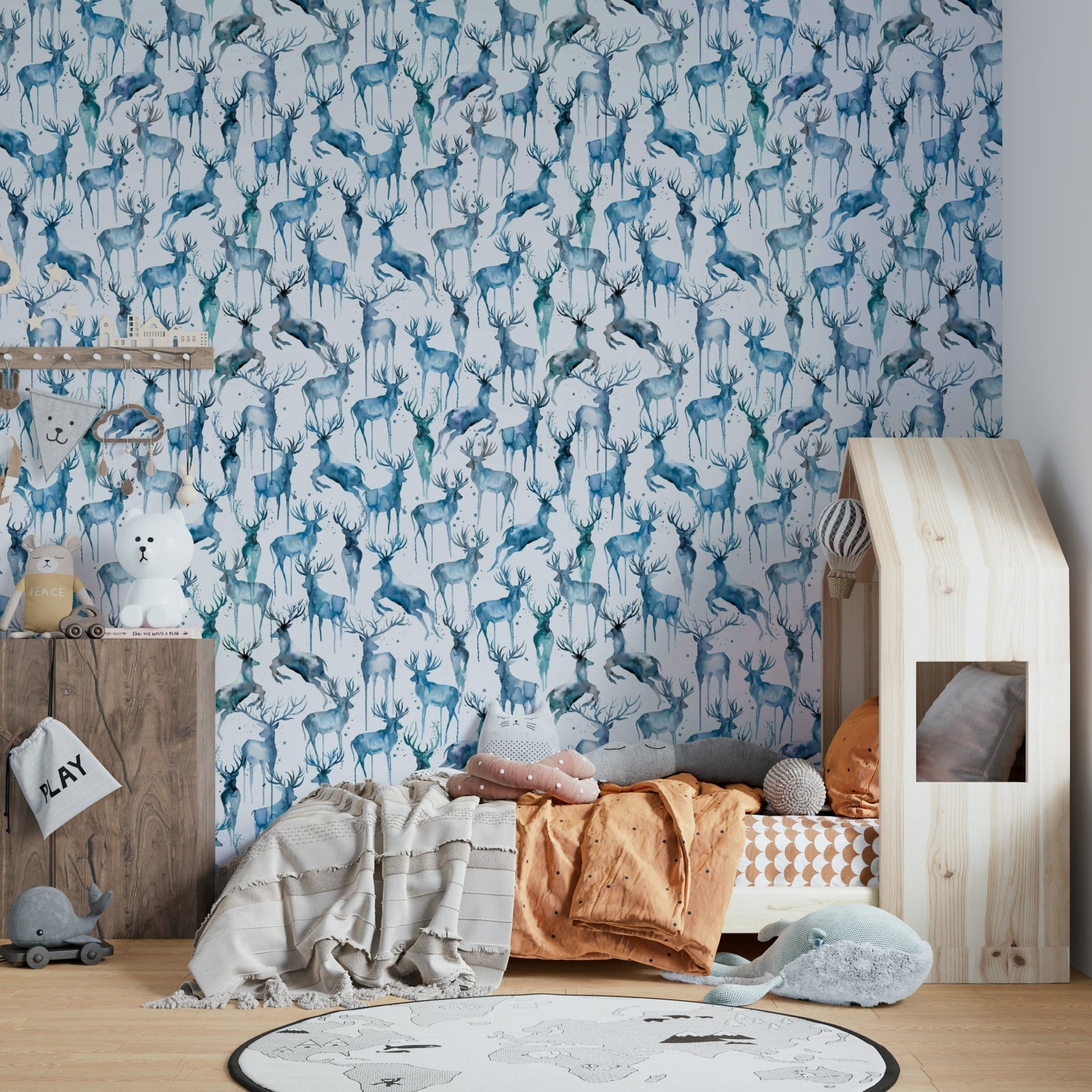 Blue and white artistic deer wallpaper for walls


