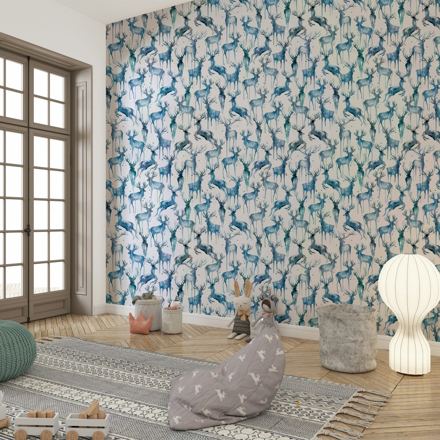 Artistic winter deer wallpaper in blue tones

