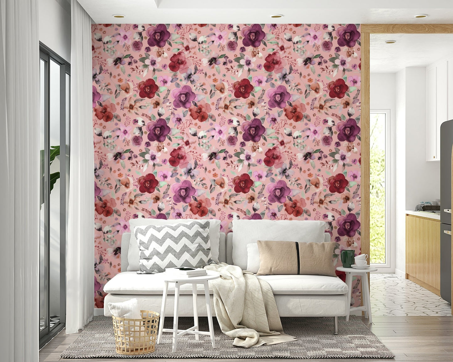 Winter bouquet floral wallpaper in soft pastel pink.

