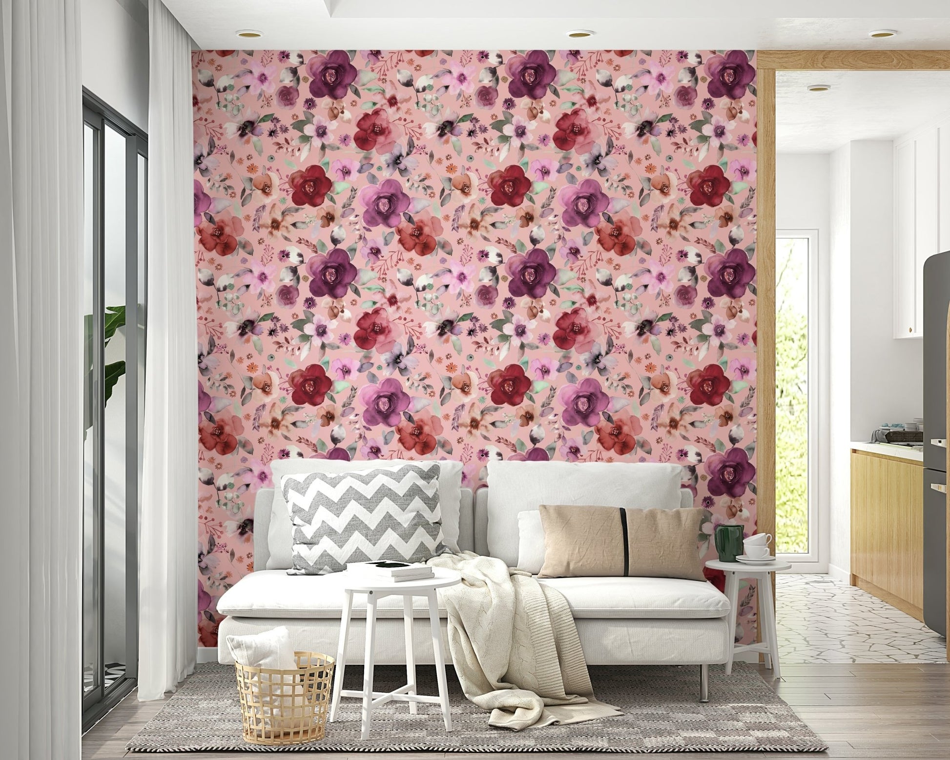 Winter bouquet floral wallpaper in soft pastel pink.

