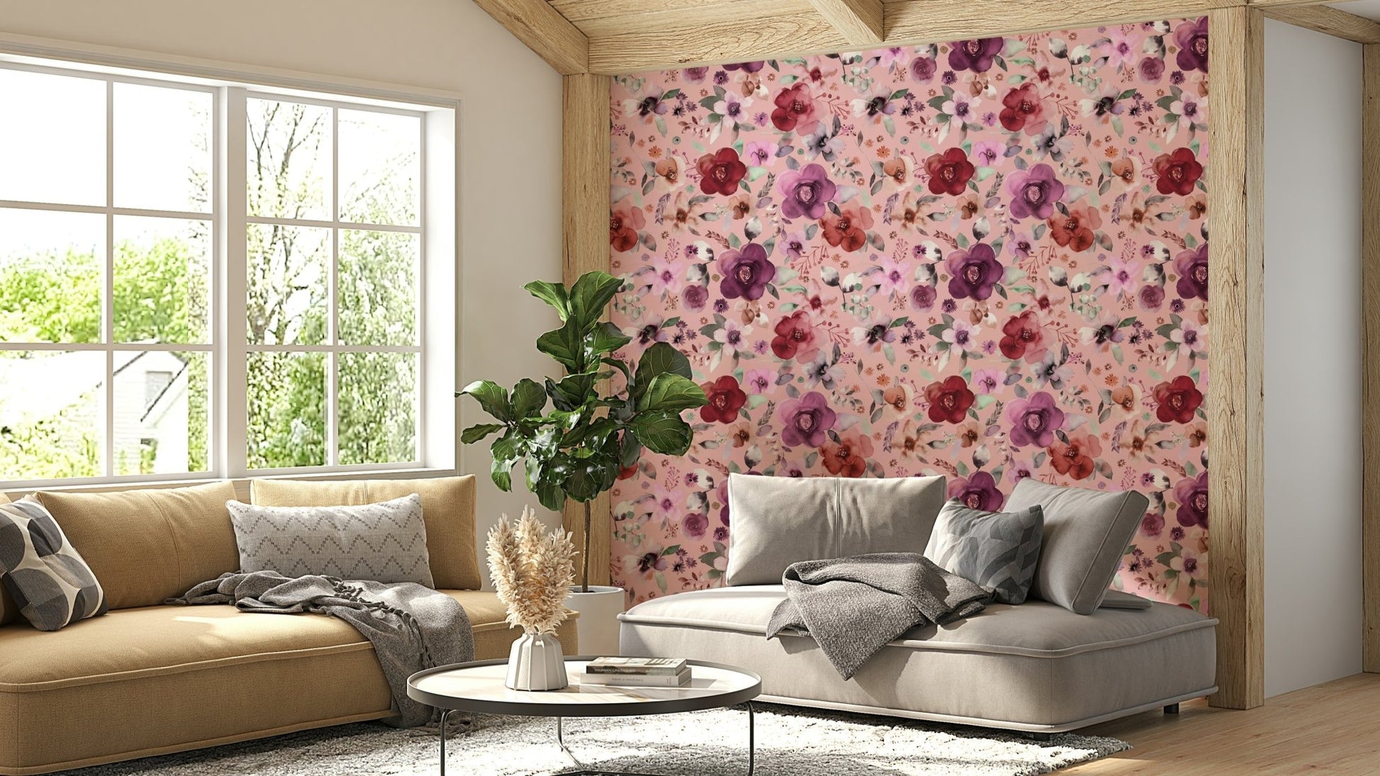 Soft pink wintery bouquet floral wallpaper design.

