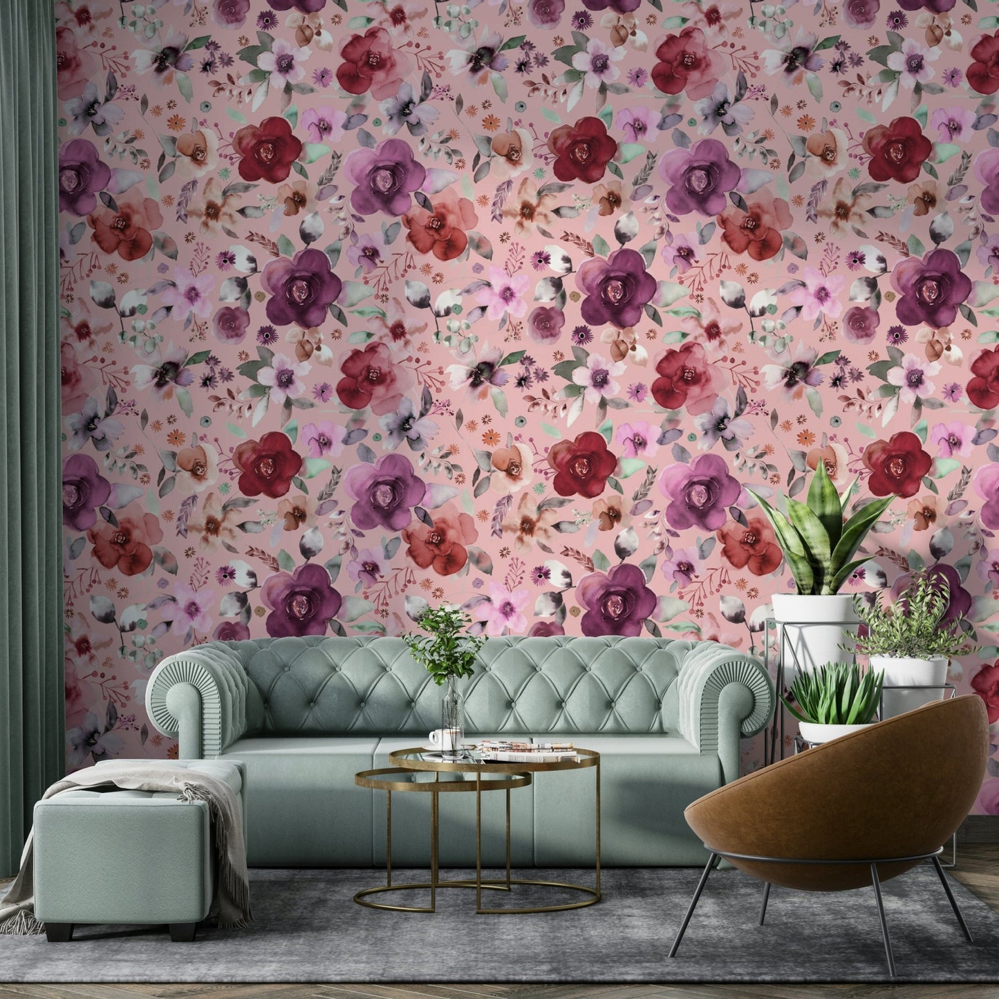 Winter floral wallpaper featuring soft pink hues.

