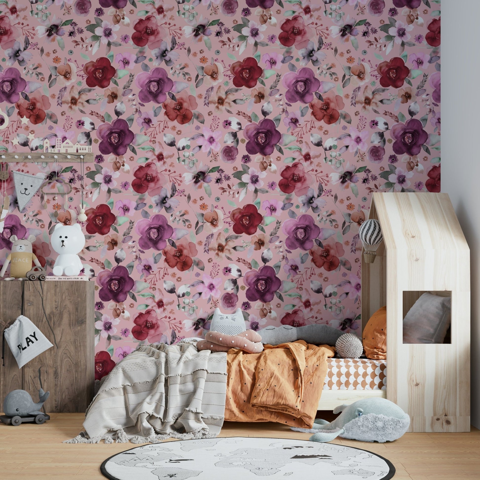 Soft pink floral wallpaper featuring winter bouquets.

