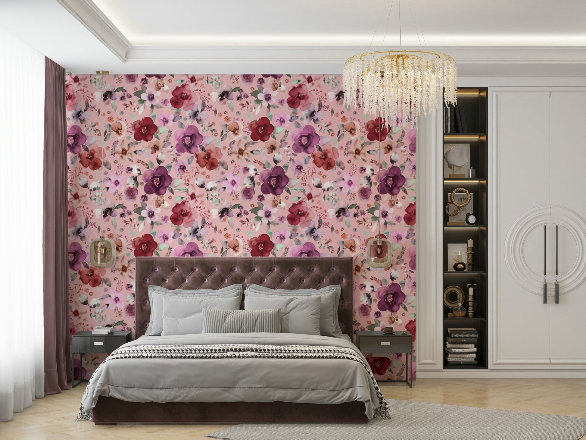 Subtle winter floral wallpaper in pink hues.

