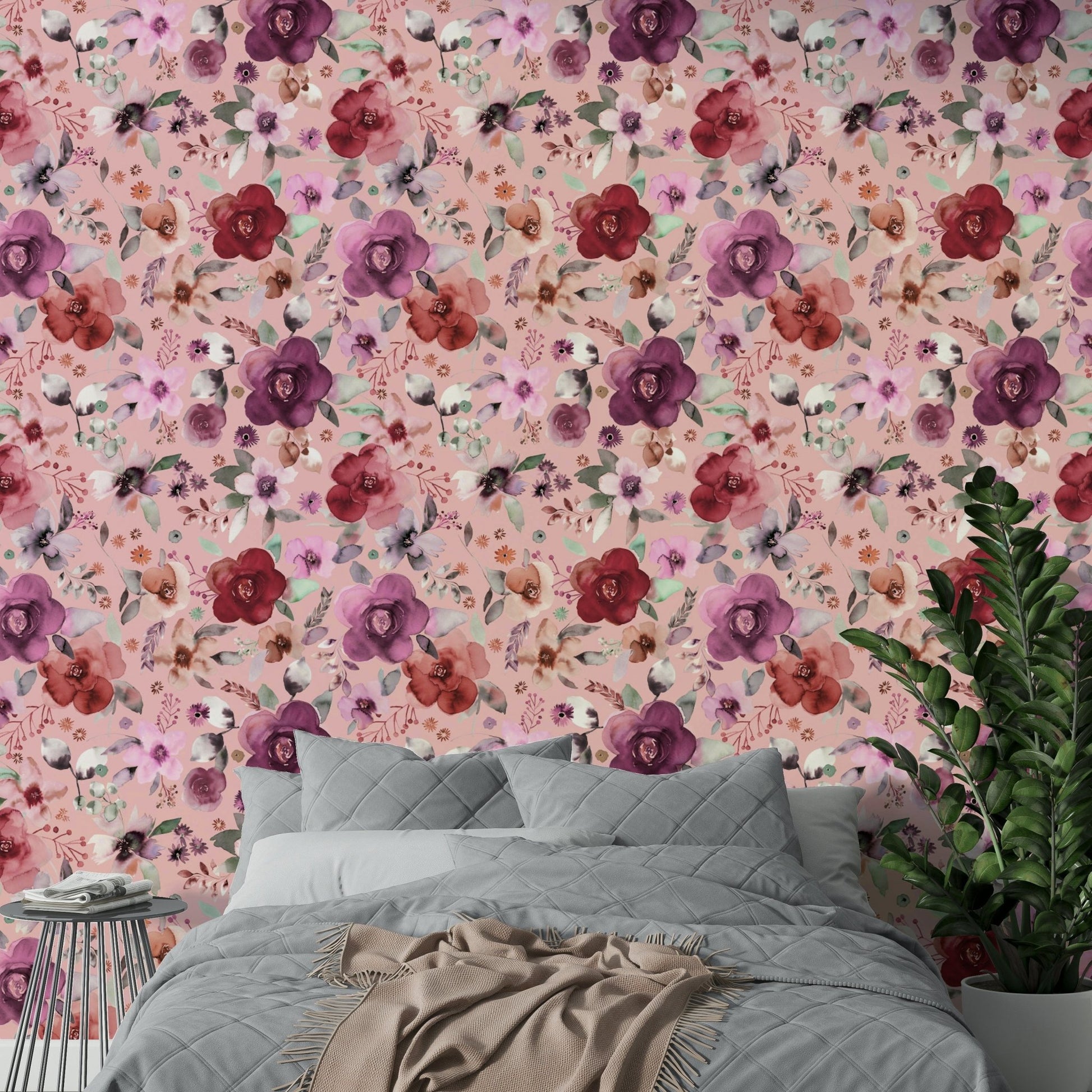 Pink winter bouquet wallpaper with delicate florals.

