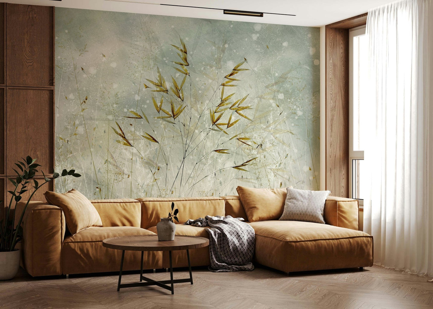 An artistic soft focus mural on minimalist wallpaper.