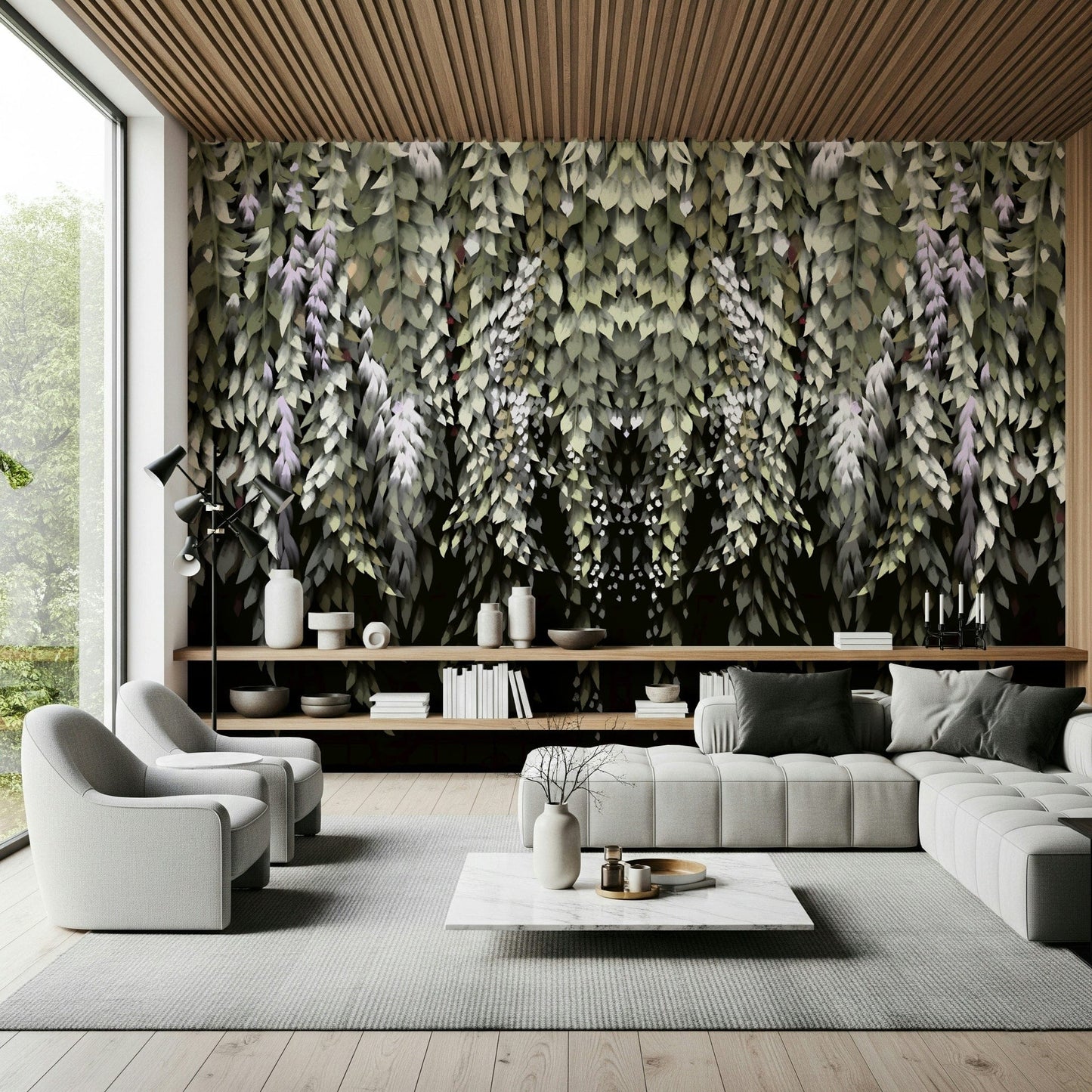 Lush cascading foliage mural with wisteria-inspired florals