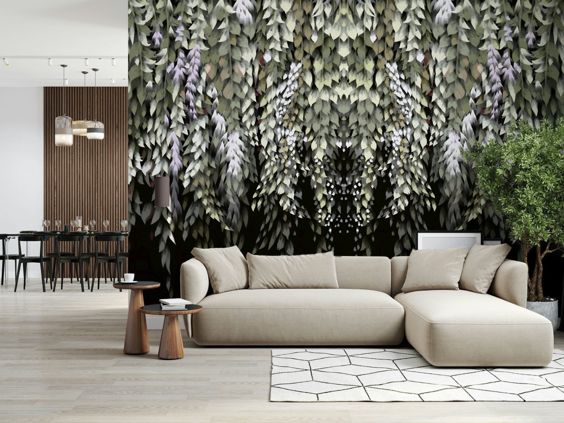 Botanical wall mural of trailing wisteria vines and petals