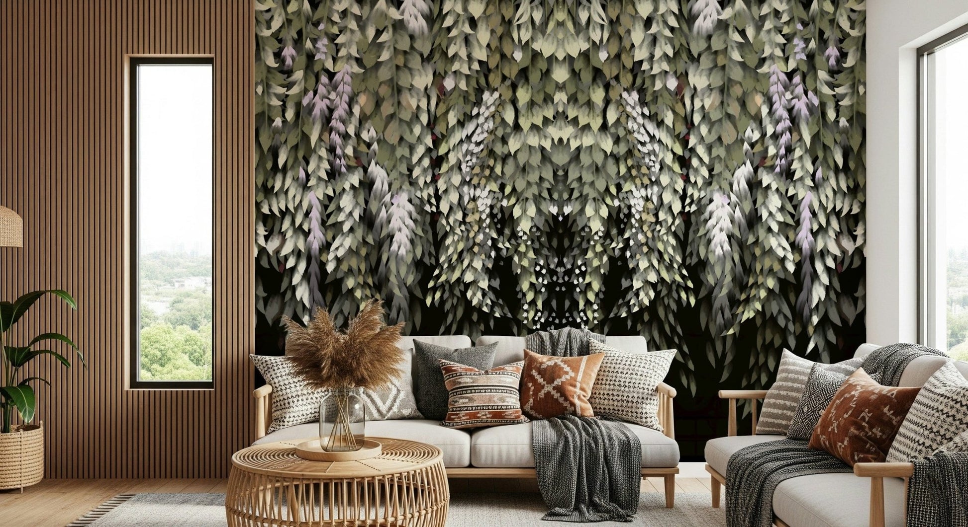 Wisteria cascade wall mural with hanging leafy blooms