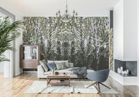 Dramatic wisteria mural with cascading greenery on dark backdrop