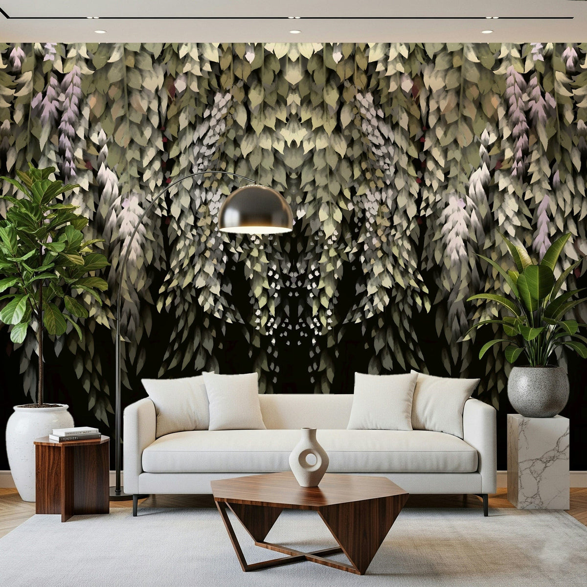 Moody floral mural with layered wisteria leaves and soft lilac, GD7519